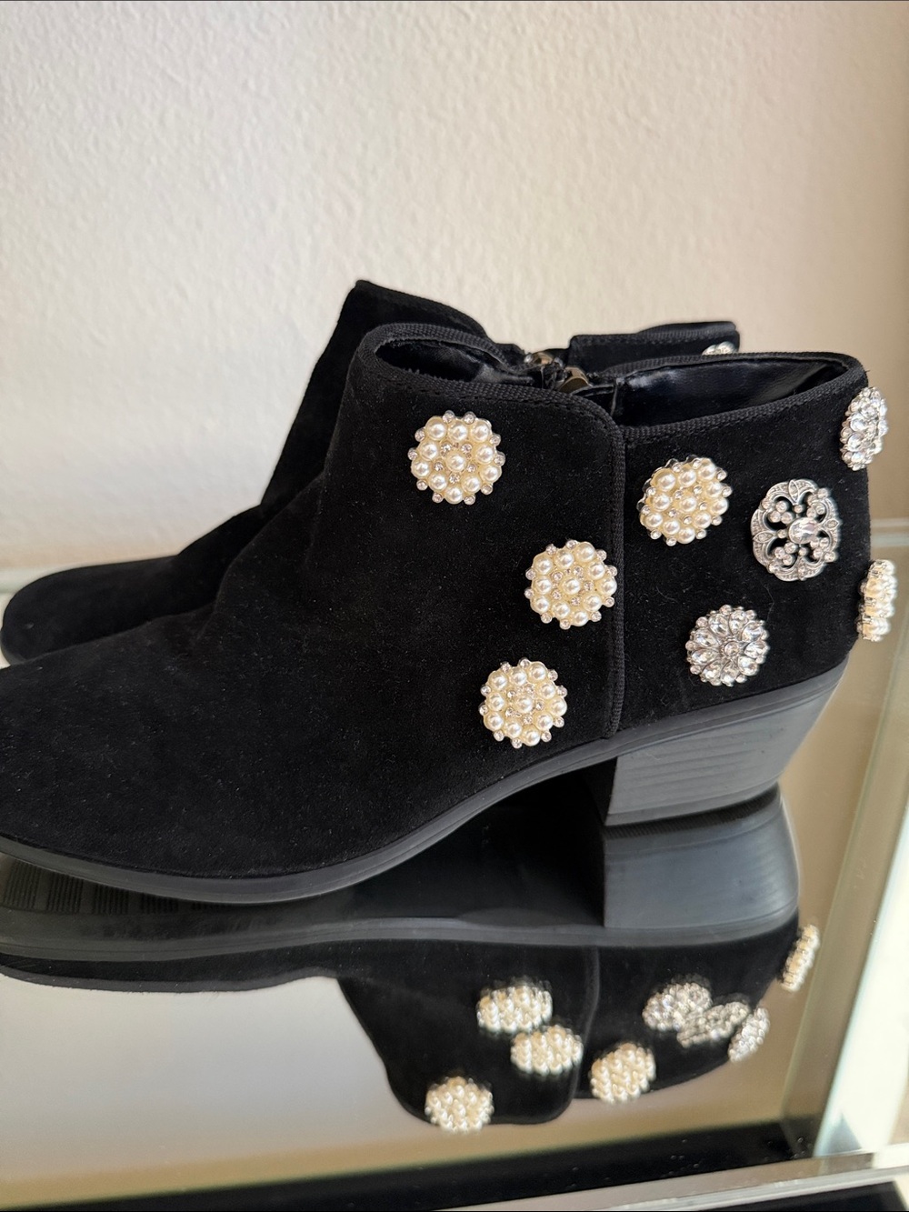 Black Suede Boots size 7.5 Pearl & Crystal Custom Made at LA Boutique